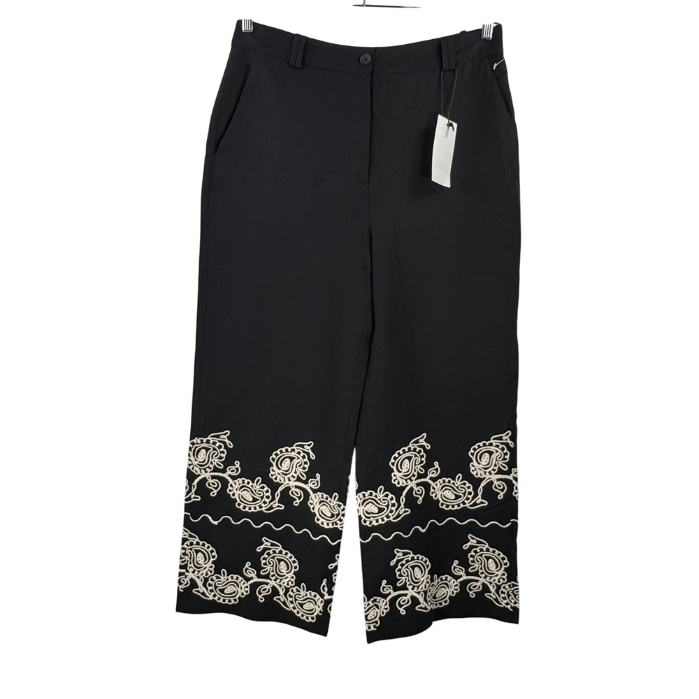 Zara Wide Leg Pants sz XXL‎ Black Embroidered Linen Blend Paisley boho